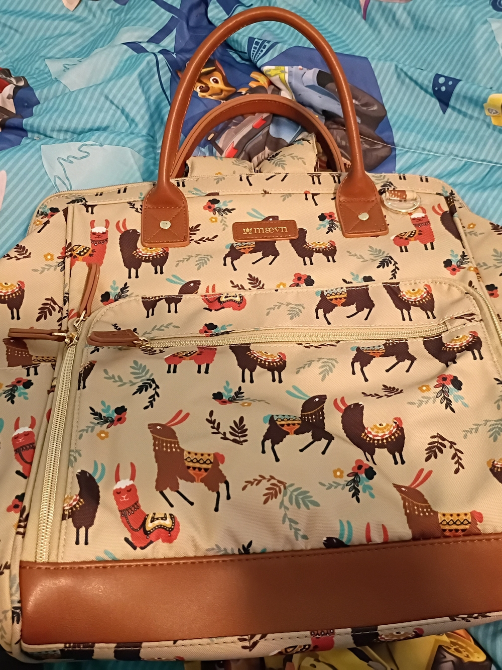 Maevn Llama Print Cream Nurse Backpack with Brown Trim